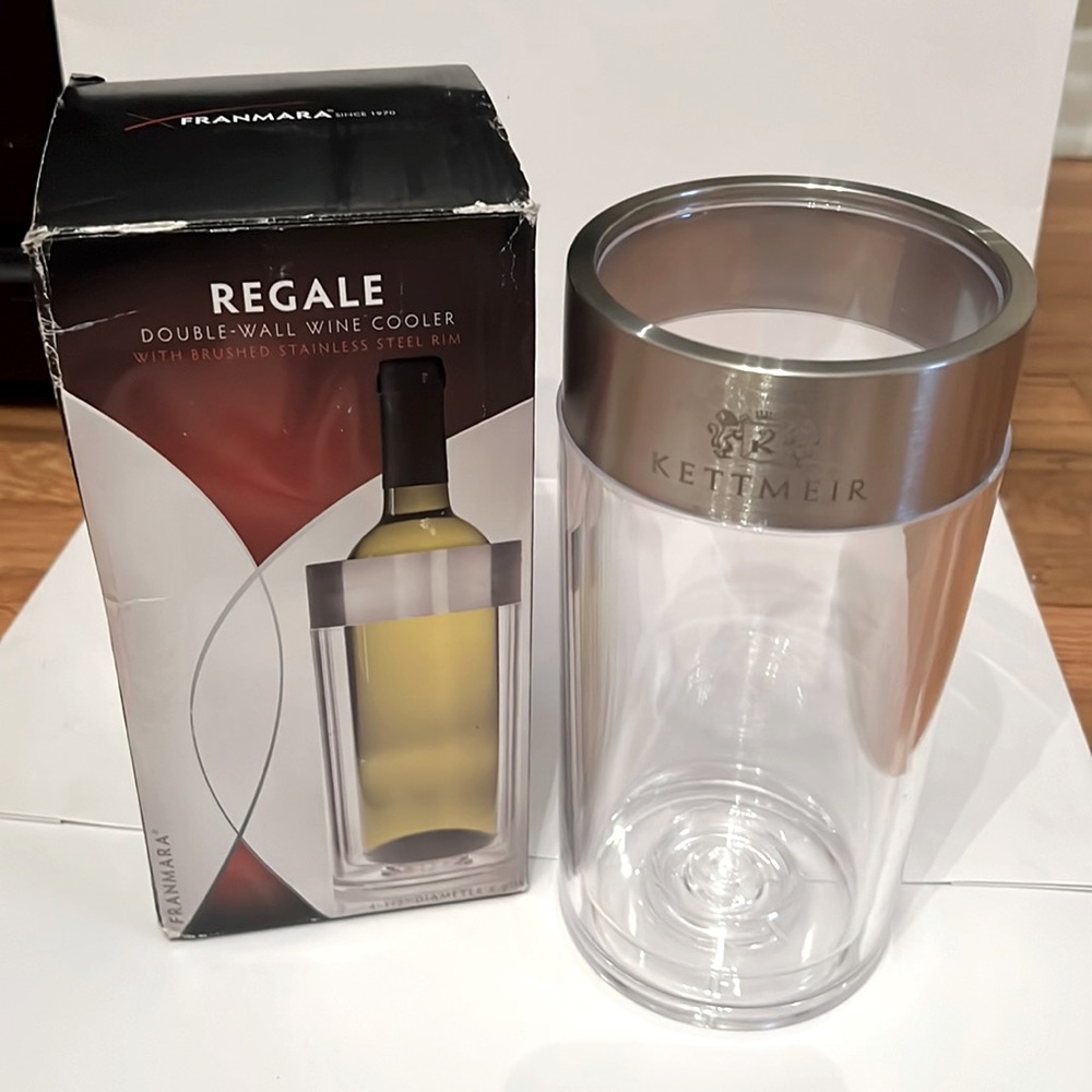 NWT sleek double-wall wine cooler with brushed stainless steel rim.